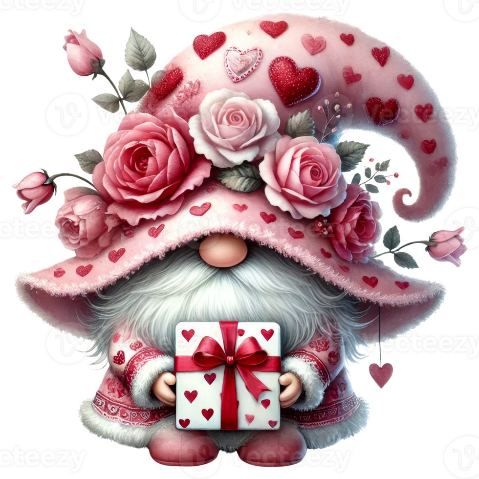 Cute Gnome Holding Gift with Pink Hat and Flower Accents png