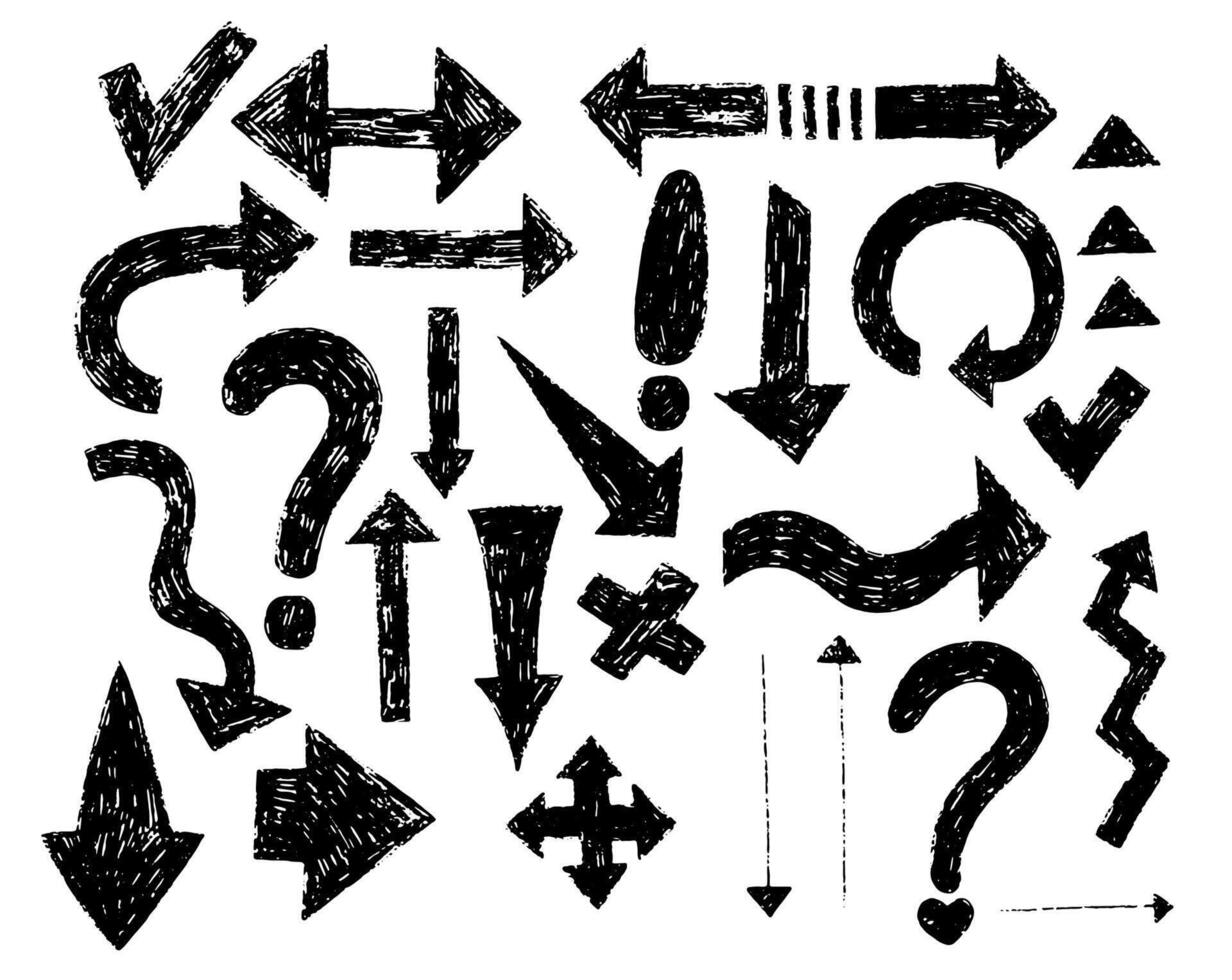 Arrow, ask sign, exclamation mark, cross and tick set. Direction sign. Hand drawn line marker art. Sign vector
