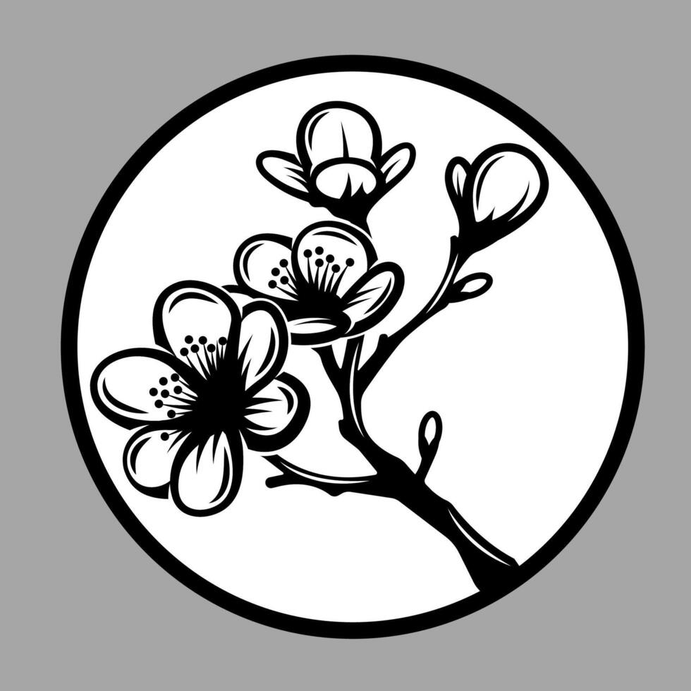 Elegant Black and White Botanical Illustration Featuring Sakura Branch vector