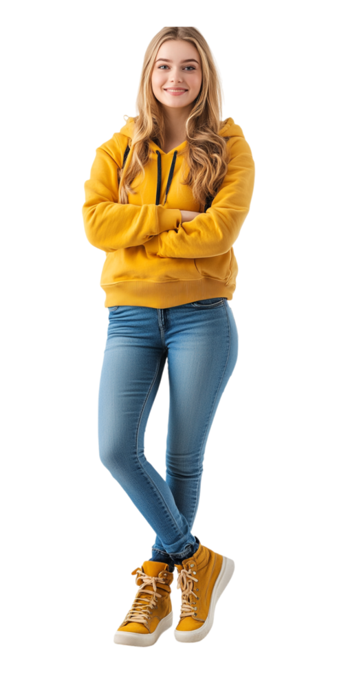 a girl in yellow sweatshirt and jeans standing with her arms crossed png