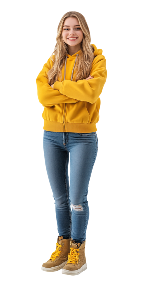 a girl in yellow jacket and jeans standing with her arms crossed png