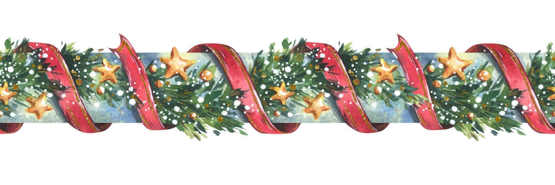 Garland decoration Christmas, New Year with green fir tree branches, red twisting ribbons, golden stars and snow. Watercolor hand drawn illustration. Seamless border isolated from background vector