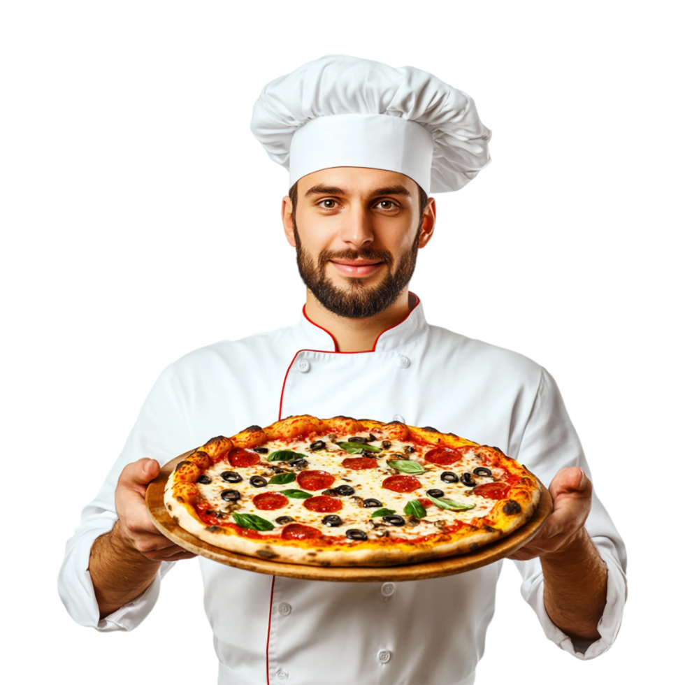 chef holding a pizza on a plate png