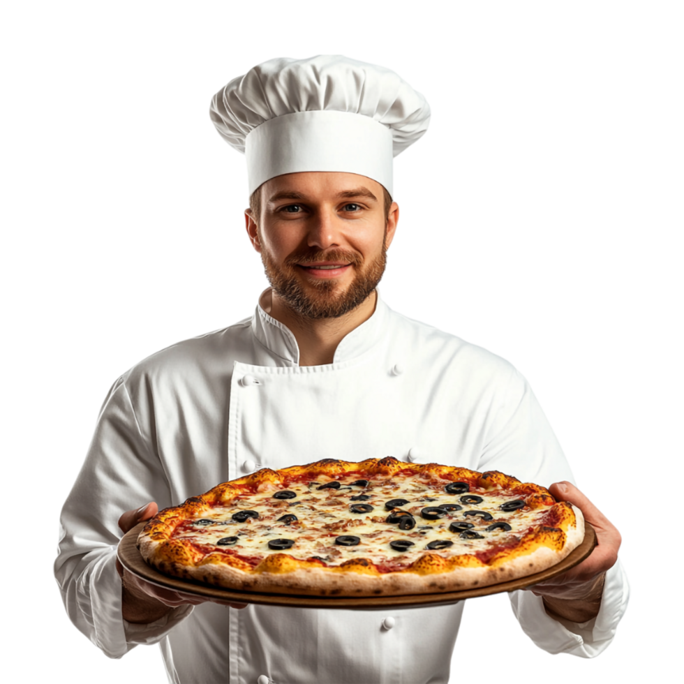 chef holding a pizza on a plate standing png