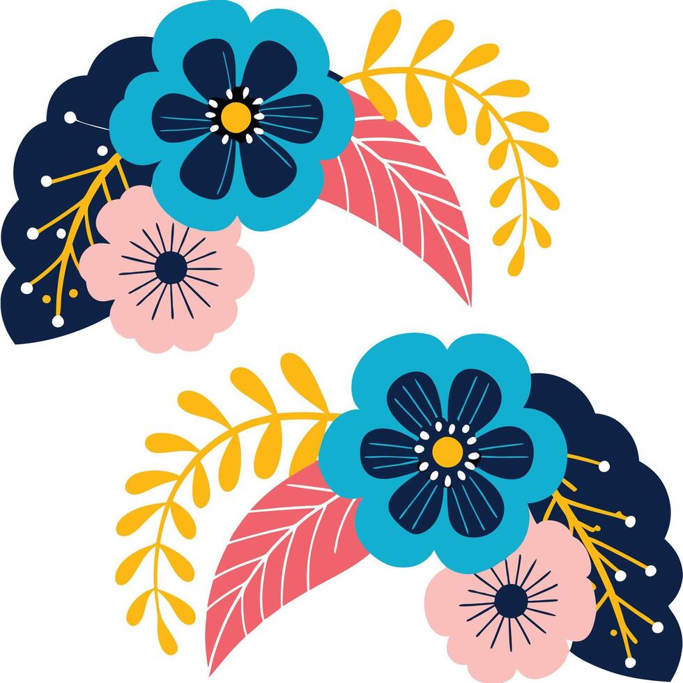 Vibrant Floral Design Pink, Blue Flowers, Yellow Leaves, Spring Blooms vector
