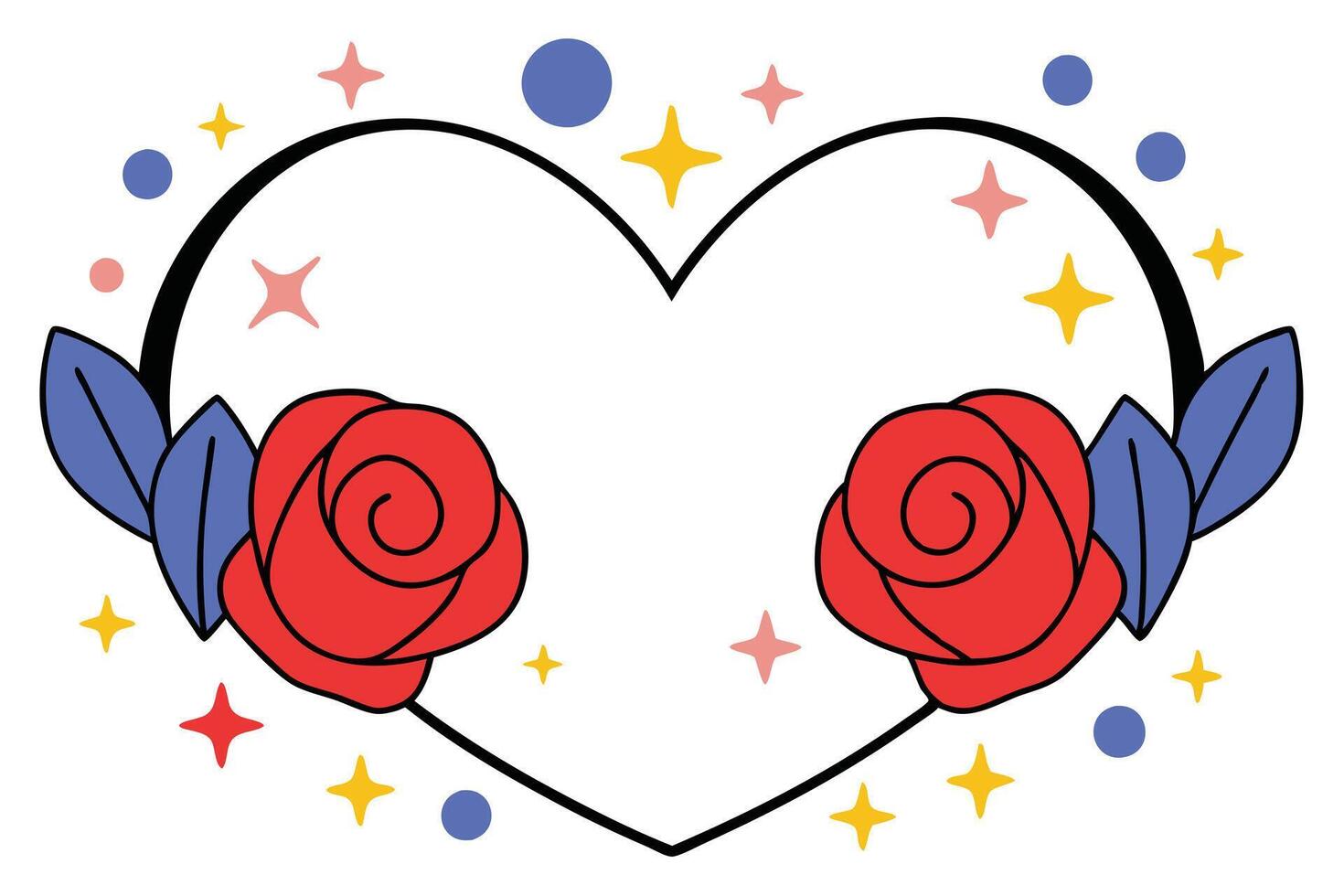 Romantic Heart Shape with Roses, Stars, and Leaves Design vector