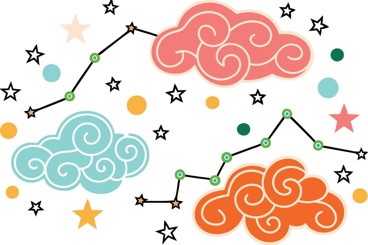 Whimsical Celestial Cloudscape Stars, Constellations, and Colorful Clouds vector