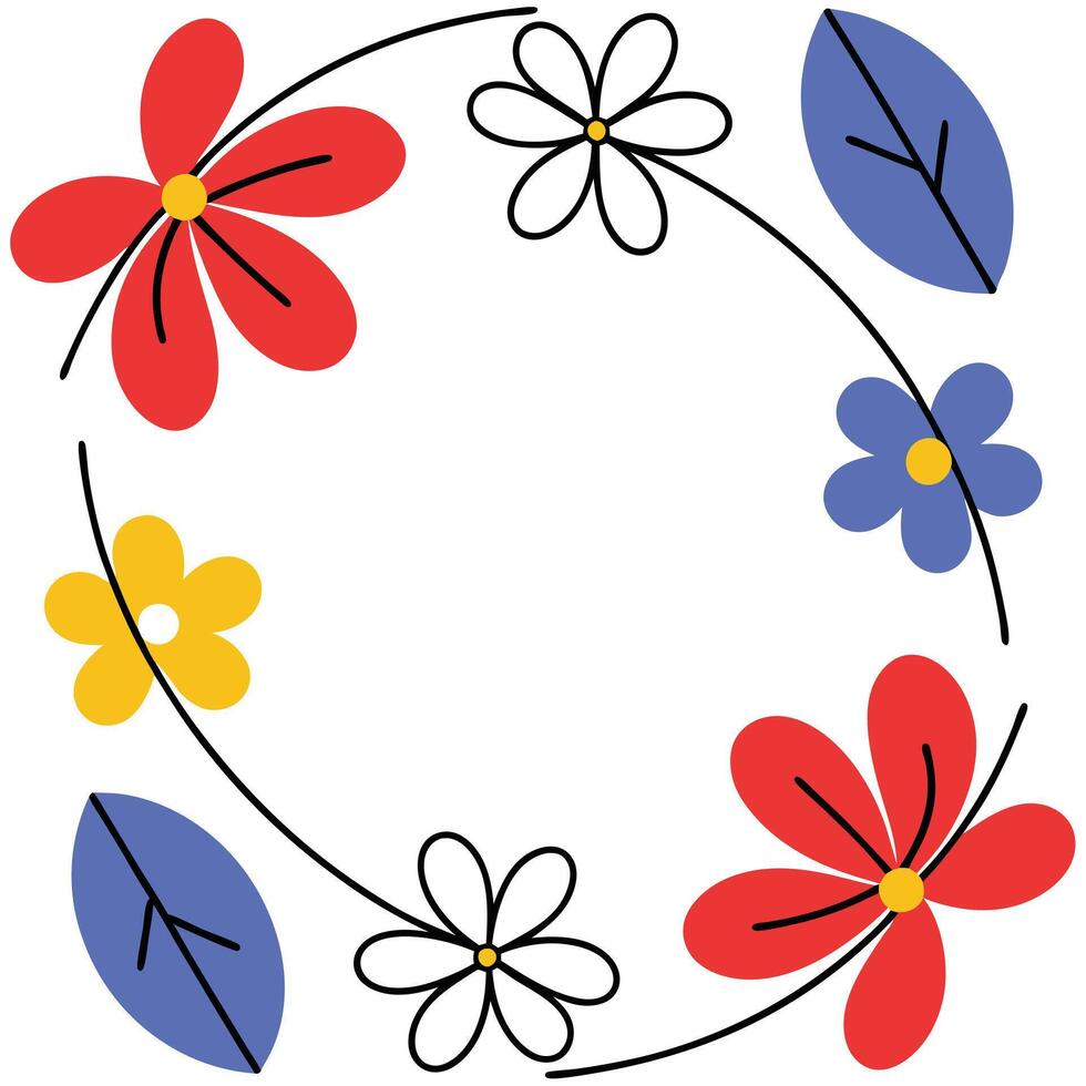 Colorful Floral Wreath Design Red, Yellow, Blue, White Flowers vector