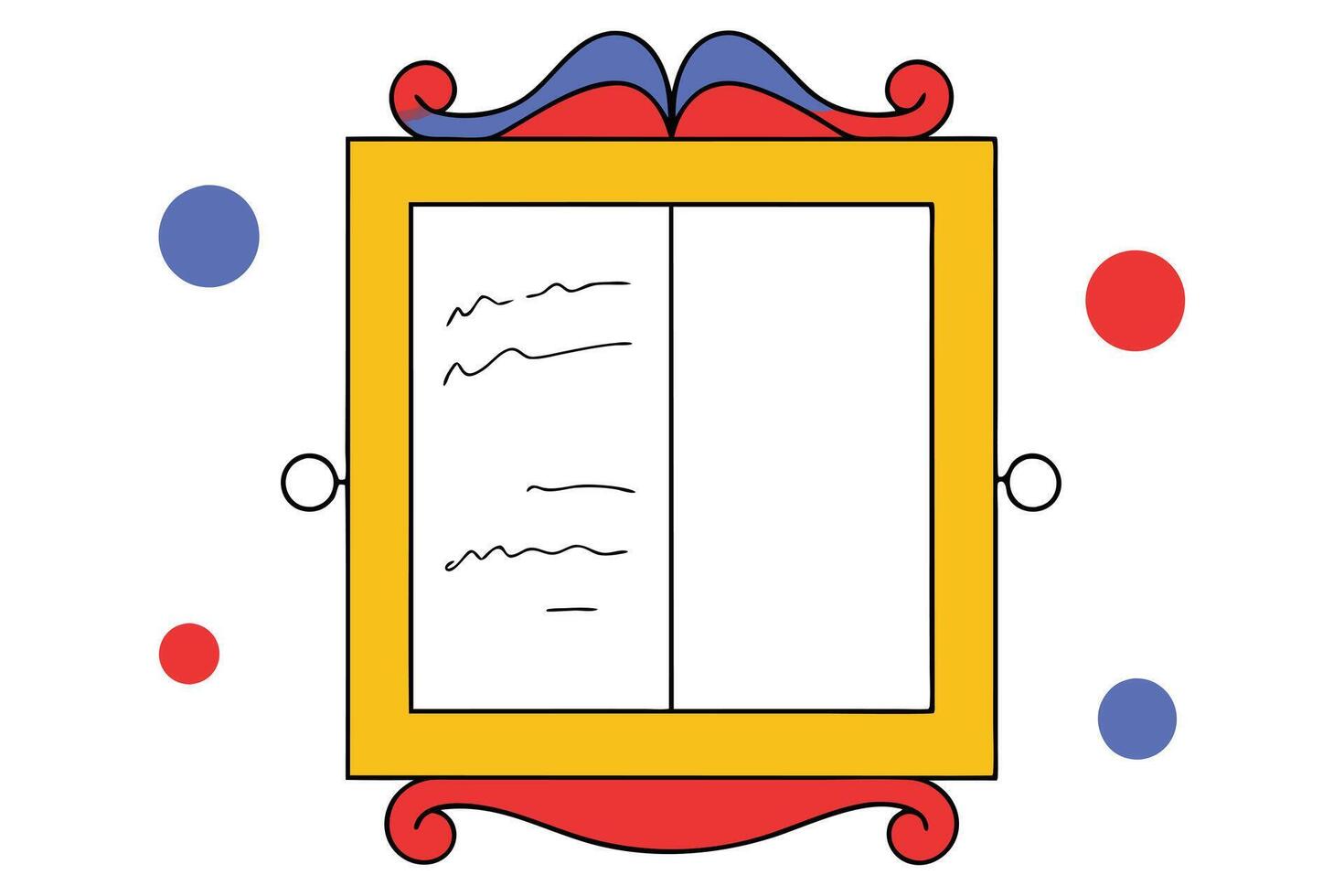 Ornate Yellow Frame, Menu Board, Red, Blue Circles, Decorative Scrolls vector