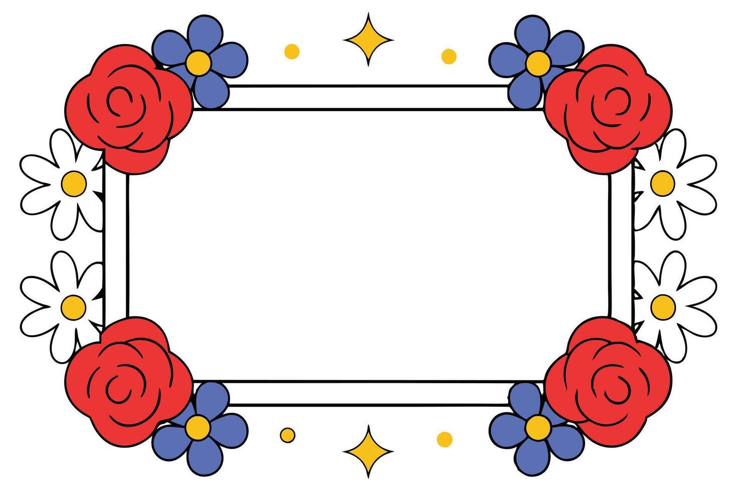 Floral Frame Border Design Roses, Daisies, and Blue Flowers vector