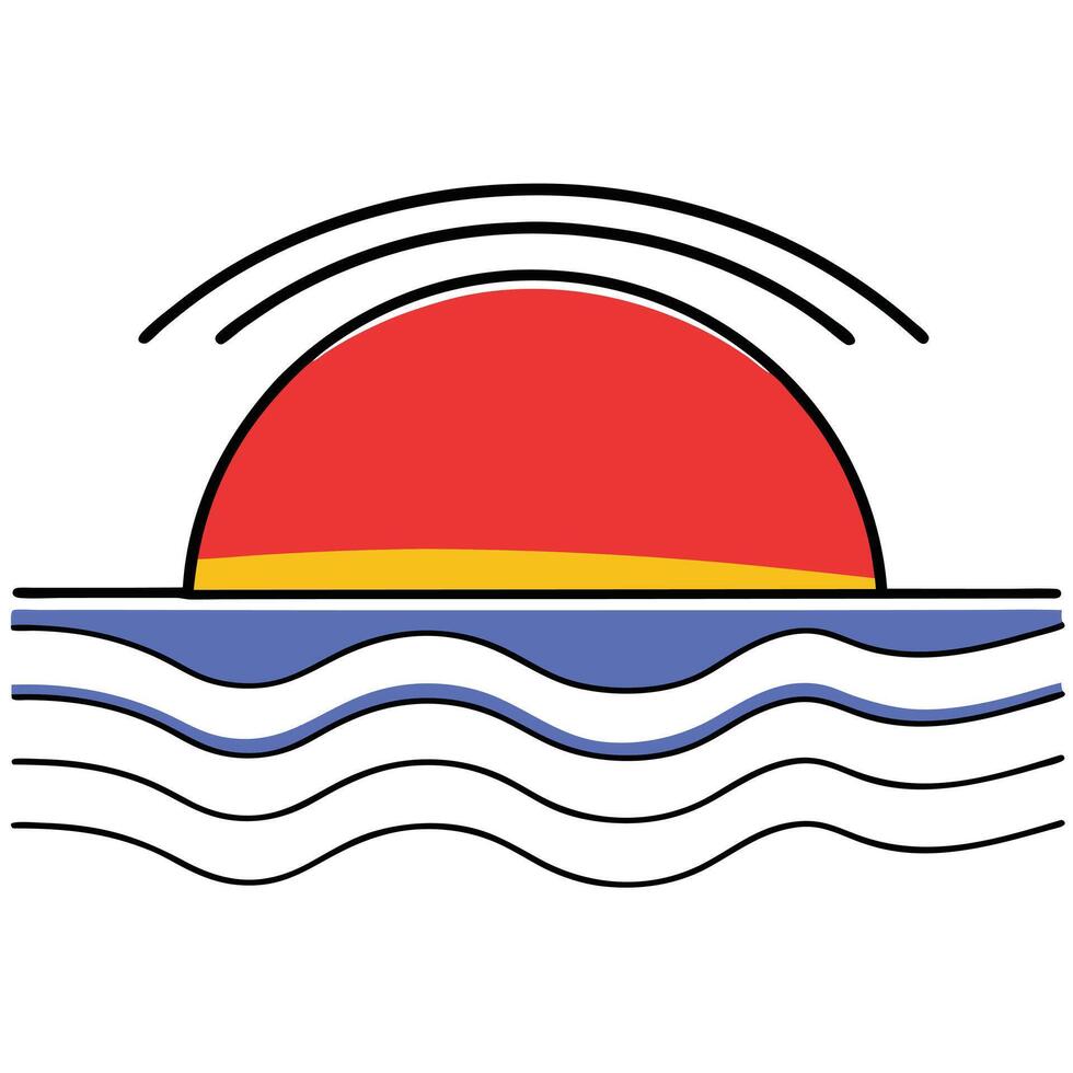Sunset Ocean Scene Minimalist Red Sun, Blue Waves, Summer Design vector