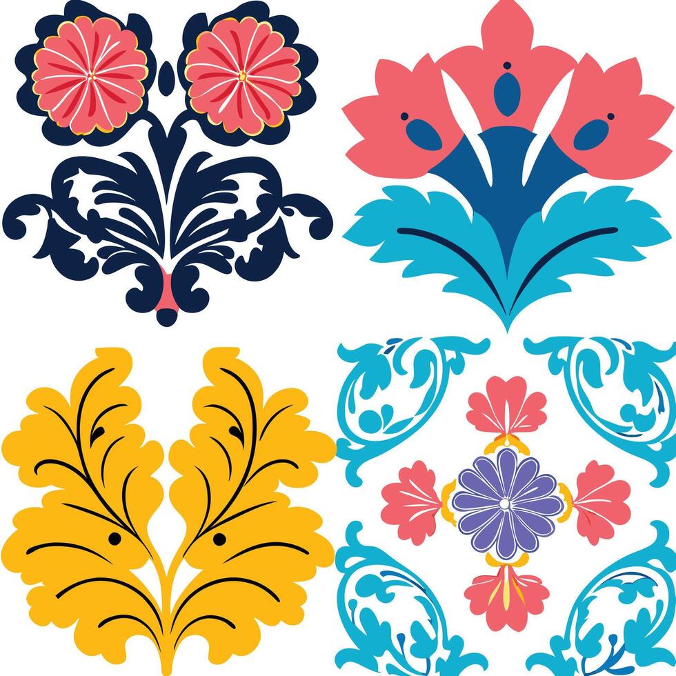 Vibrant Floral Damask Patterns Colorful Design Elements vector