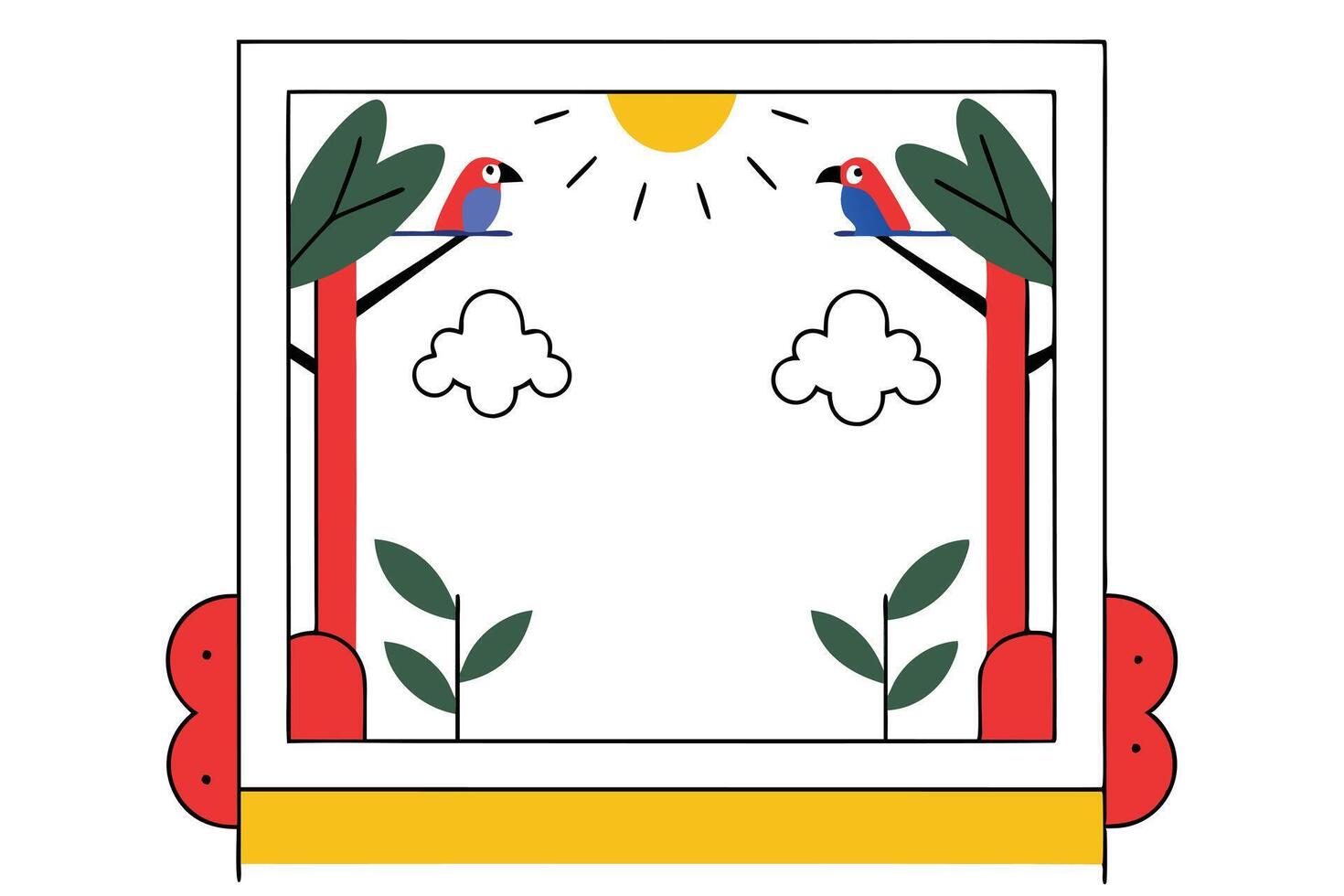 Framed Birds Tropical Scene Sun, Trees, Clouds, Birds in Paradise vector