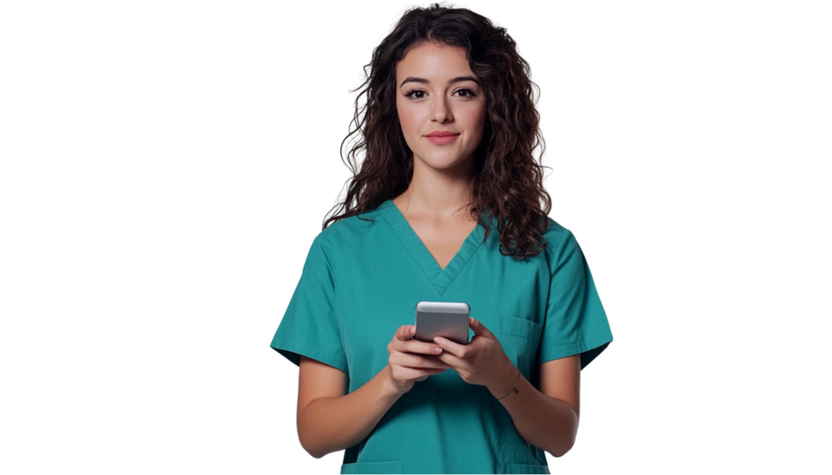 A beautiful female doctor in scrubs holding and using her phone png