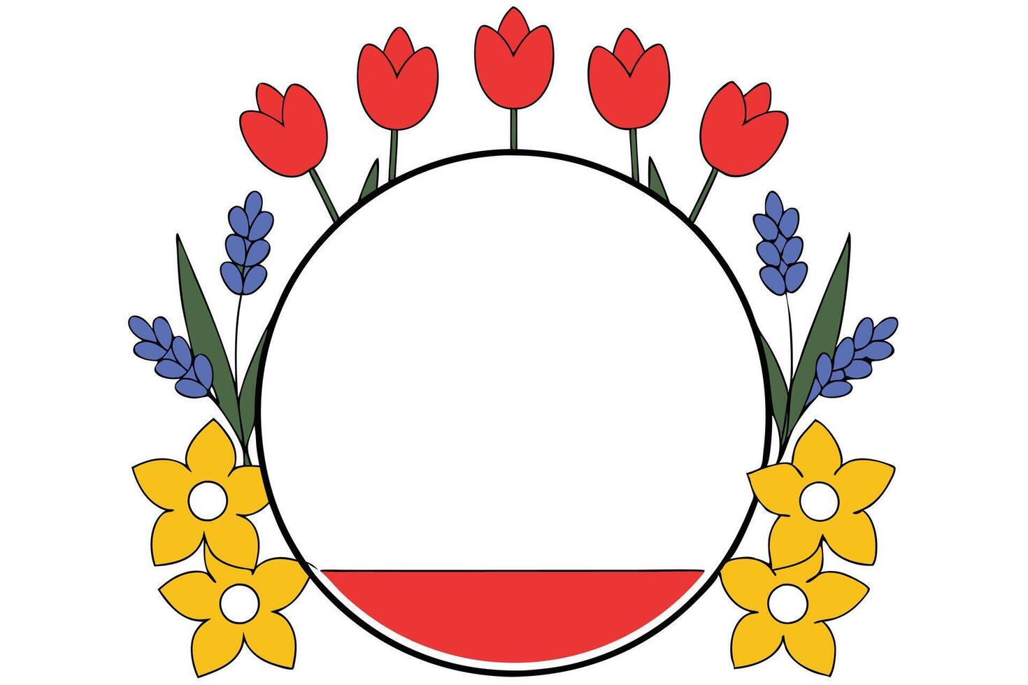Floral Spring Circle Frame Tulips, Daffodils, Lavender Design vector