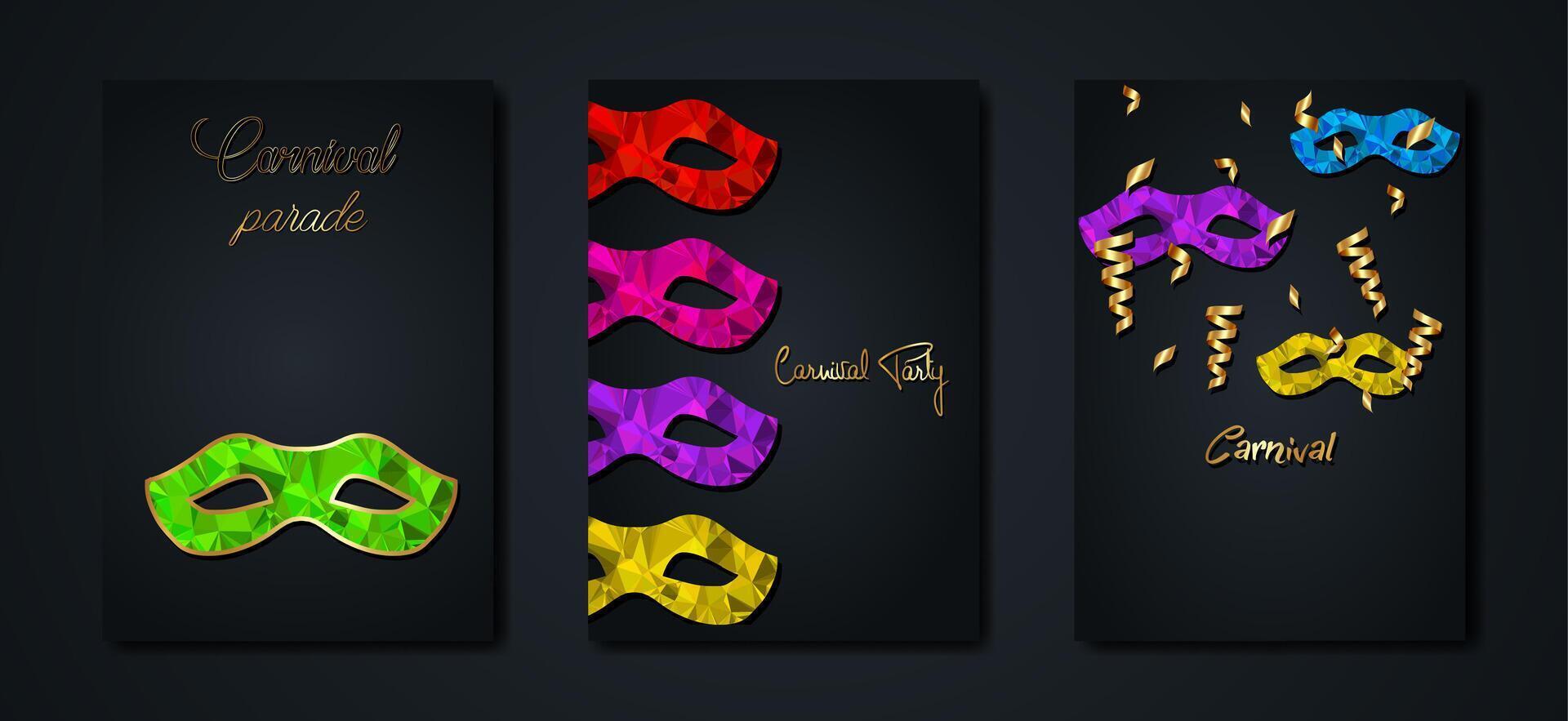 Carnival Party Parade set black poster flyer or invitation design. Festive cards. Elegant luxury tickets with colorful pattern and gold text. Copy space. illustration Banners vector
