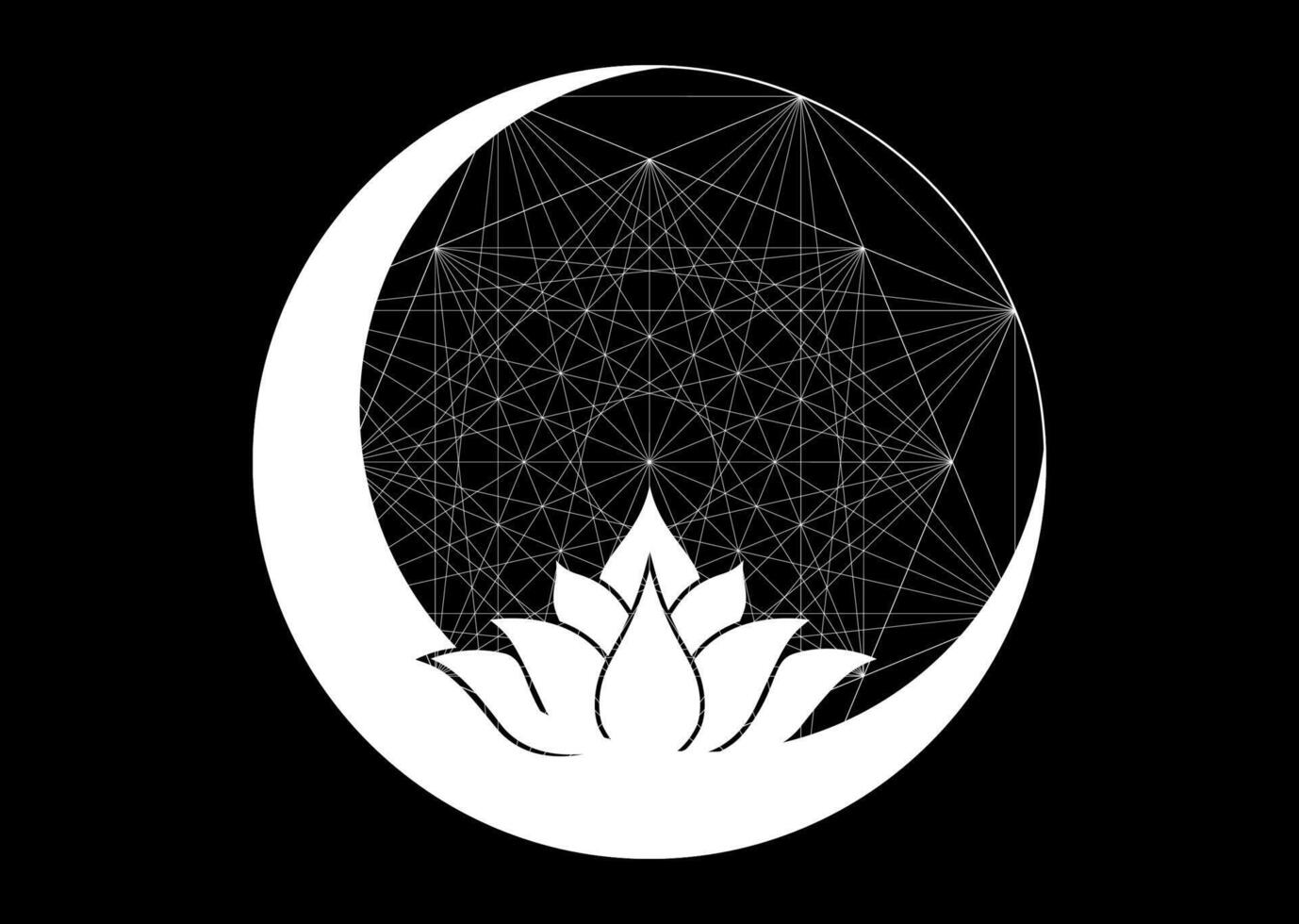 Lotus Flower and Crescent Moon on Sacred Geometry. Geometric mystic mandala of alchemy esoteric symbol. Mystical white Seed of Life divine meditative, logo isolated on black background vector