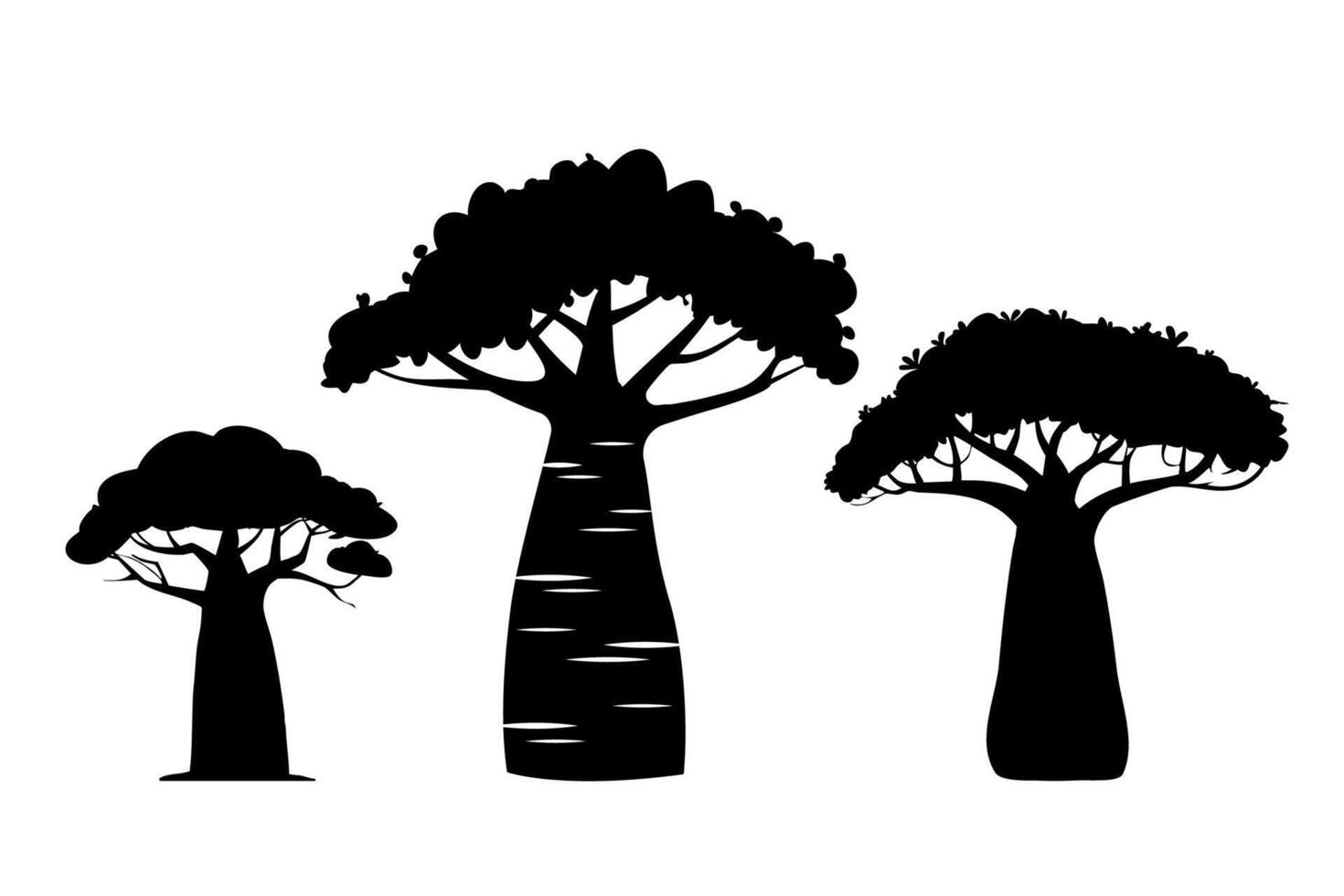 Baobab tree icons set silhouette. Nature, exotic plant, African trees for printing, logo design or digital art. Isolated on white background vector
