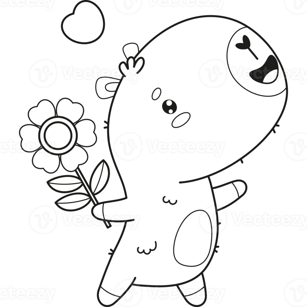 Outline cartoon capybara with flower png