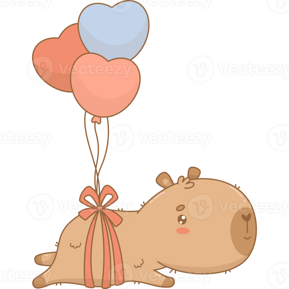 Cute capybara flies with balloons hearts png