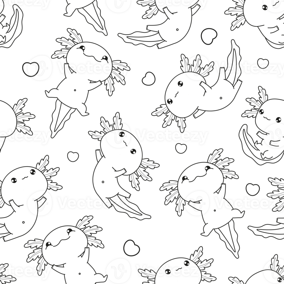 Seamless pattern cute Axolotl with heart. Outline Line drawing png