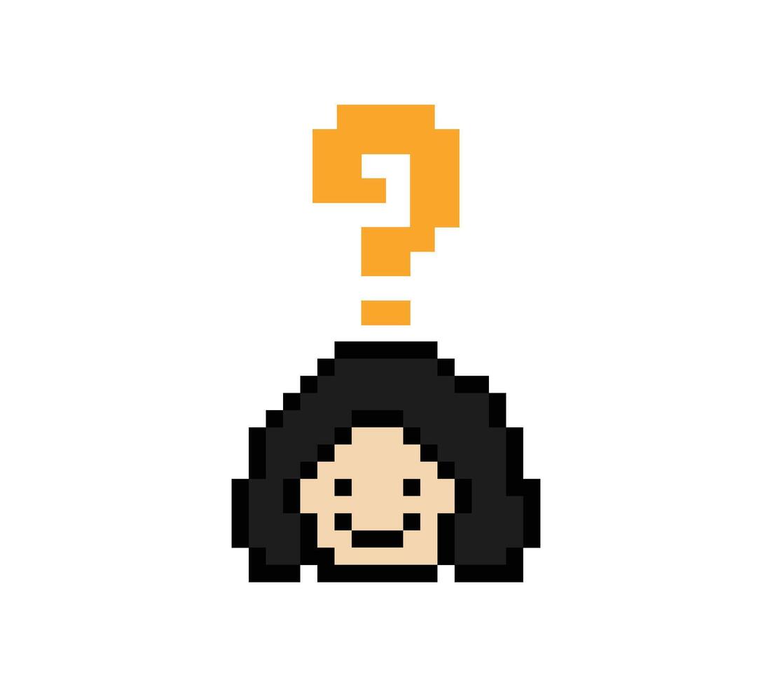 Question cartoon of girl woman female lady face with question mark questionaire cartoon quiz 8 bit design. vector