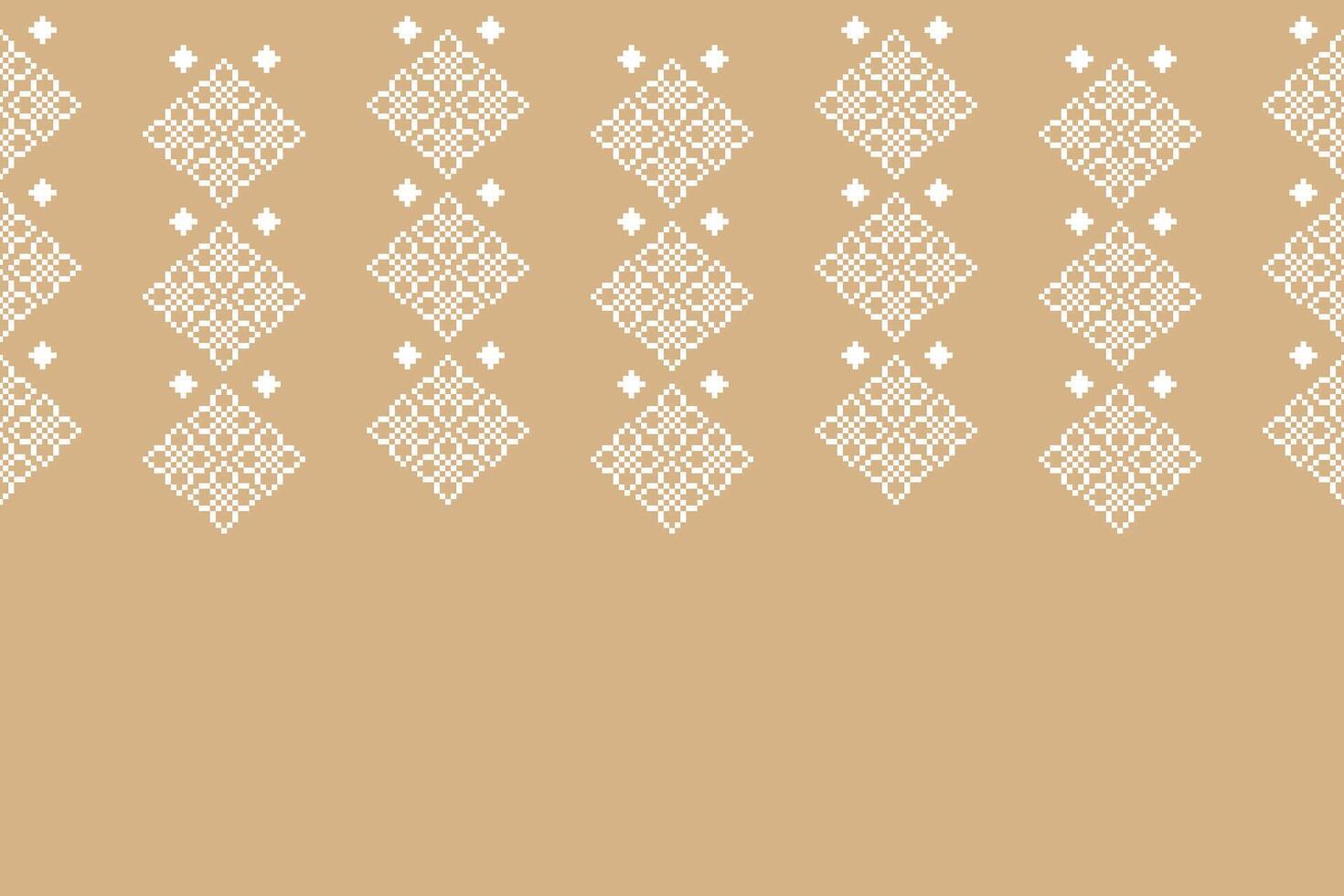 Cross stitch with pixel art brown cream color white background ethnic pattern motif fabric cloth pattern. vector