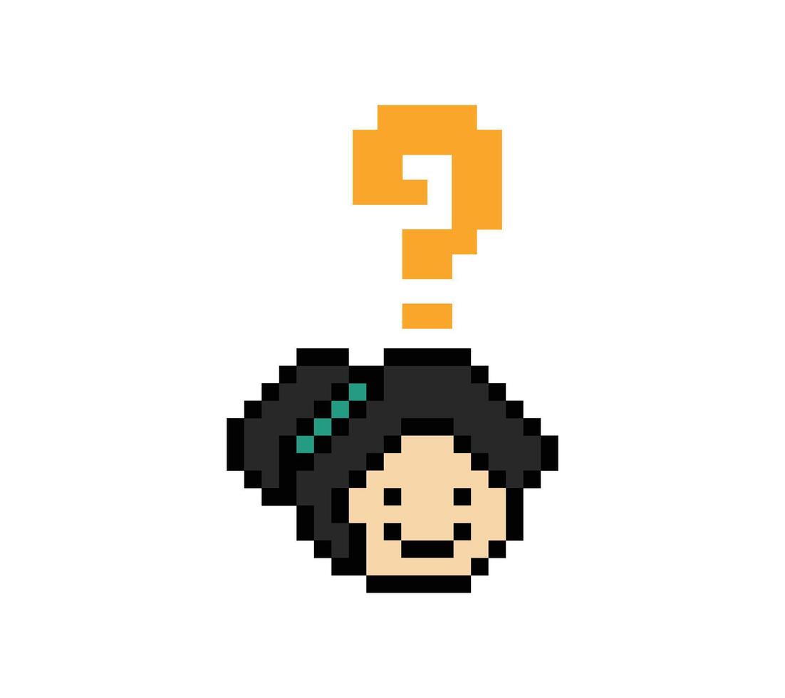 Gril woman female lady face with question mark questionaire cartoon quiz 8 bit. vector