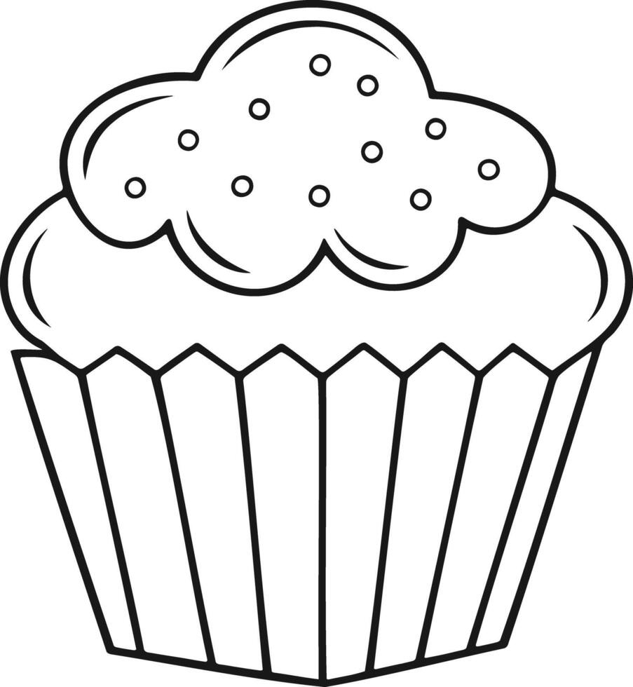 A black and white, simple line art illustration of a cupcake. vector