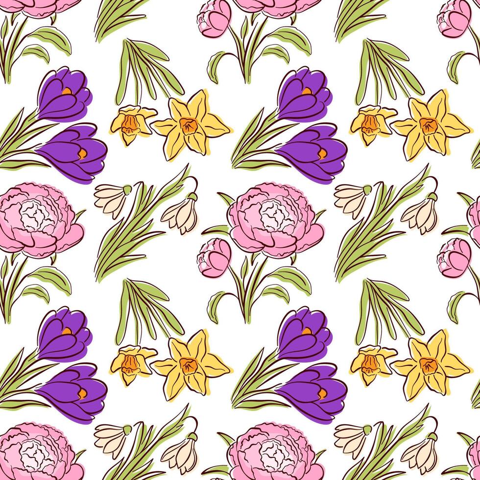 Seamless floral pattern with peony, crocus, daffodil and snowdrop in flat style. Hand drawn spring design for fabric, wallpaper, gift wrapping and botanical theme. vector