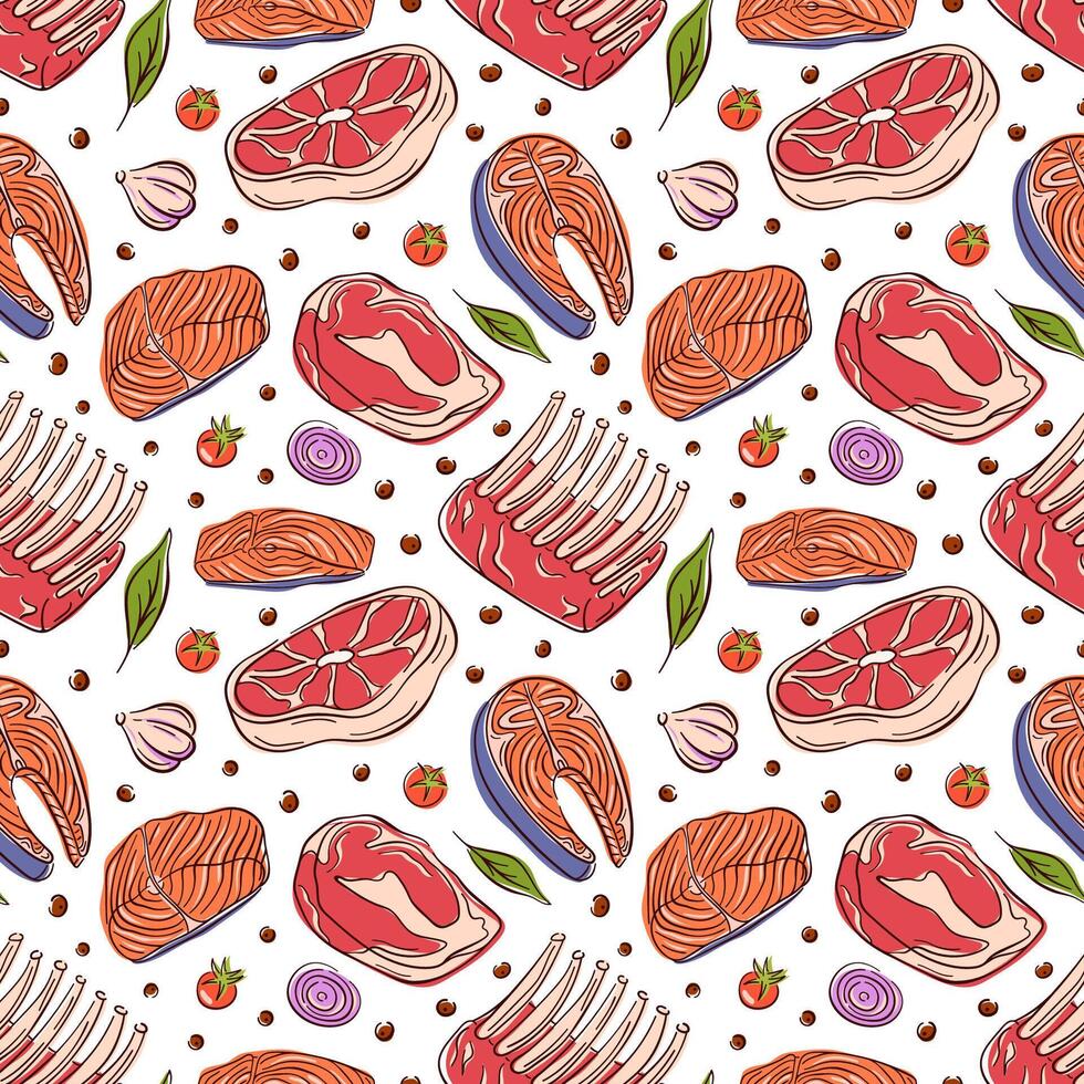 Seamless pattern with meat steak and fish cut, herbs, and vegetable in flat style. Perfect for culinary design, packaging, background, menu and kitchen theme. vector