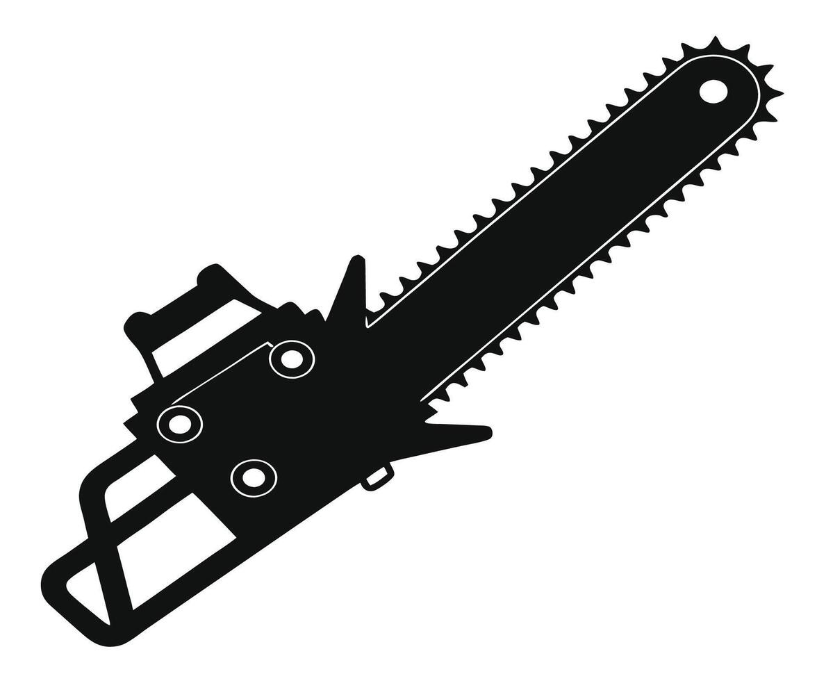 A chainsaw is shown in black and white vector