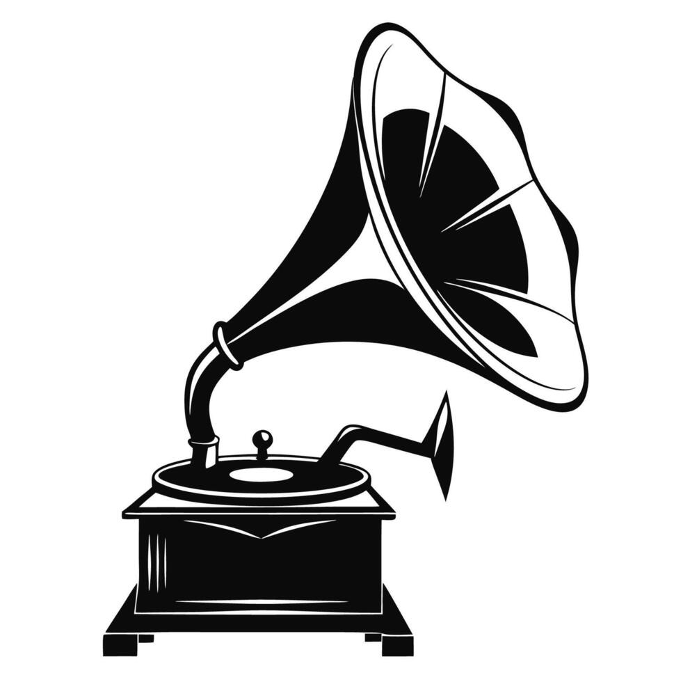 An old gramophone with a black and white illustration vector