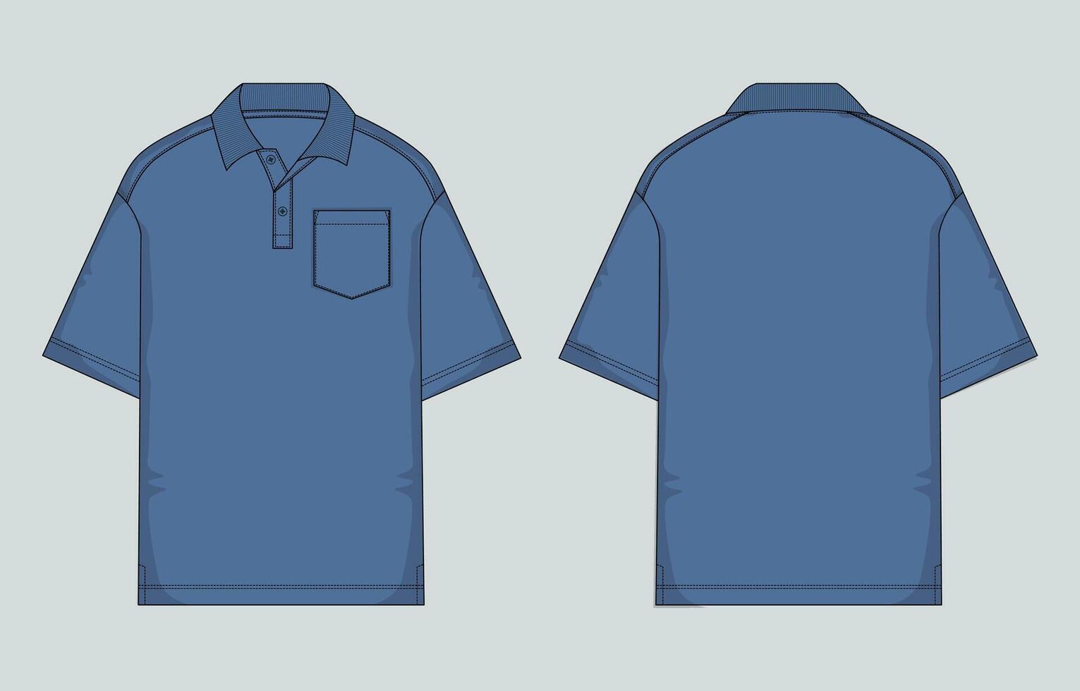 Short sleeve blue color polo shirt with pocket template front and back views vector