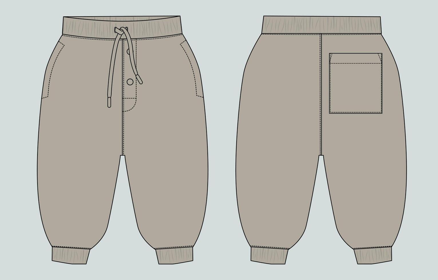 Khaki color sweatpants template with pocket front and back isolated on grey background vector