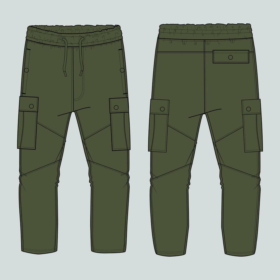 Green Color cargo sweatpants with cut and sew and pocket front and back views vector