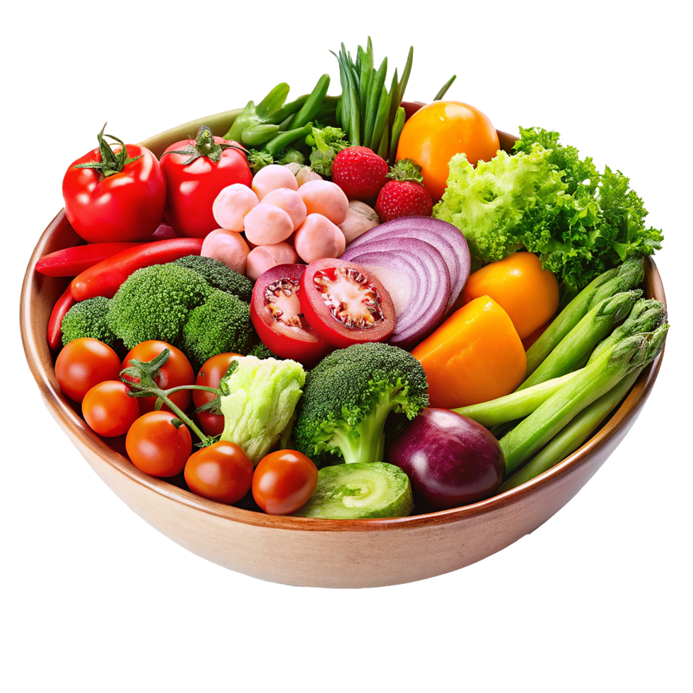 A Colorful Bowl of Fresh Vegetables and Fruits Featuring Tomatoes Broccoli Peppers and More png