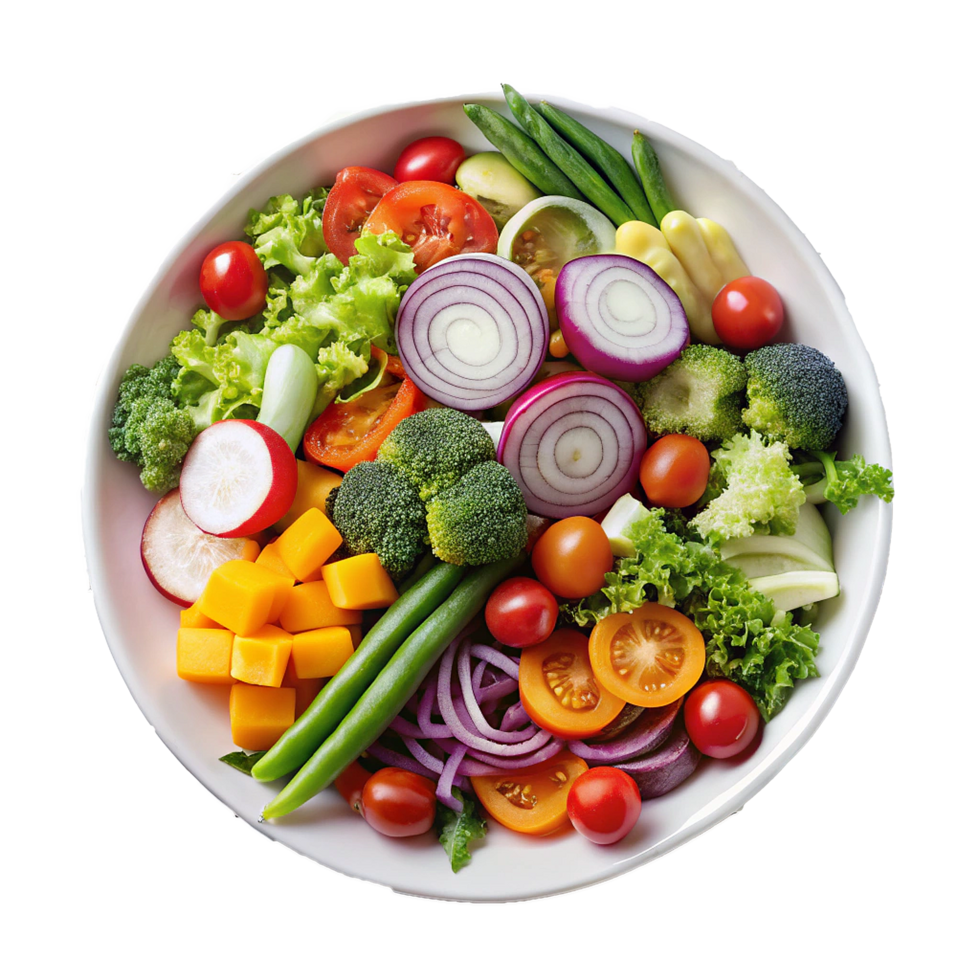 A vibrant and colorful bowl of fresh vegetables including broccoli, tomatoes, red onions, radishes, and green beans png