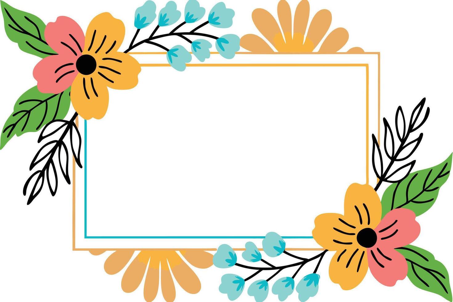Floral Frame Design Colorful Flowers, Leaves, Border vector
