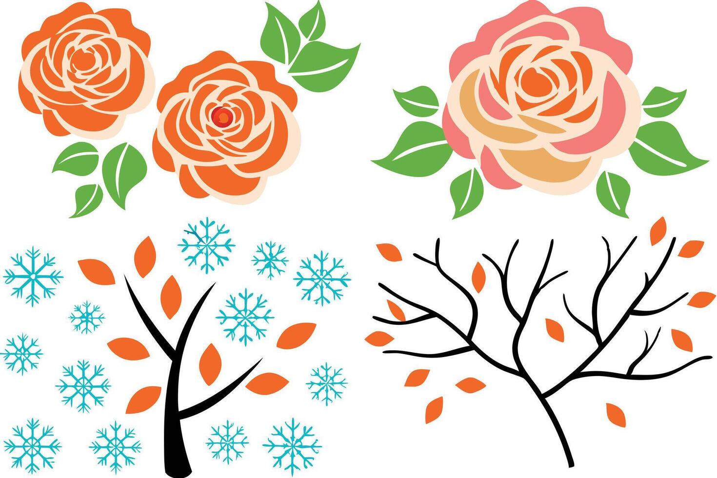 Floral Seasons Roses, Snowflakes, Autumn Leaves, Winter Branches vector