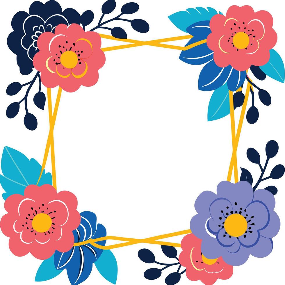Floral Frame Design Colorful Flowers, Square Border, Spring Blooms vector