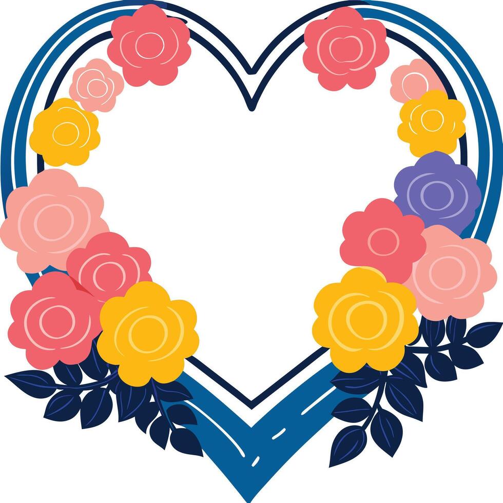 Floral Heart Frame Colorful Roses, Blue Lines, Spring Design vector