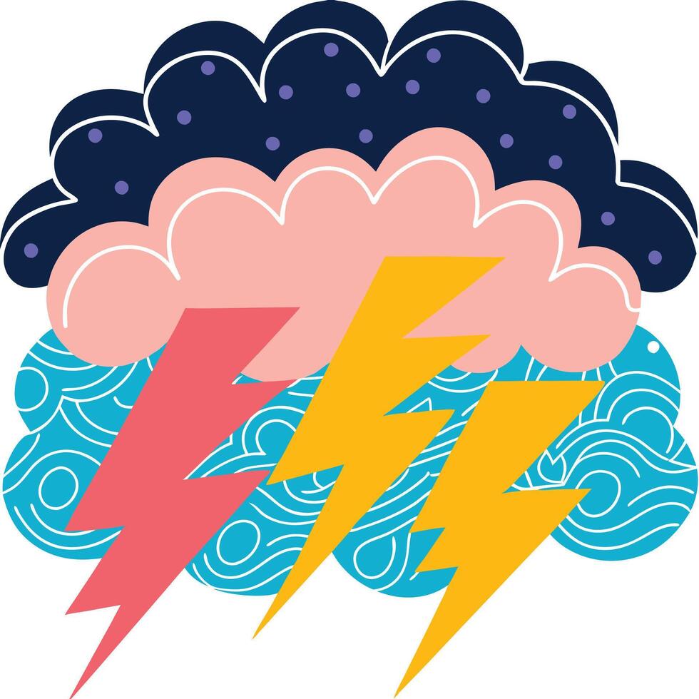 Colorful Clouds, Lightning Bolts, Stormy Weather, Artistic Design vector
