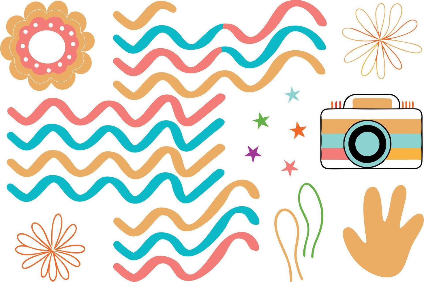 Colorful Waves, Flowers, Camera, and Hand Artistic Design Elements vector