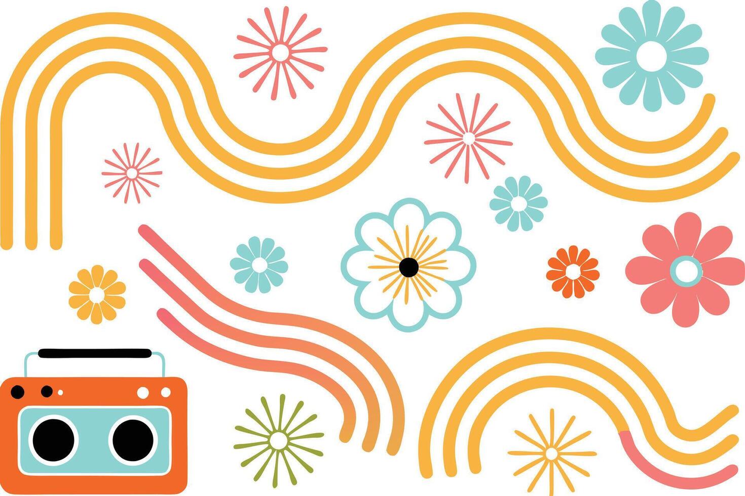 Retro Boombox, Flowers, and Wavy Lines 70s Style Graphic Design vector
