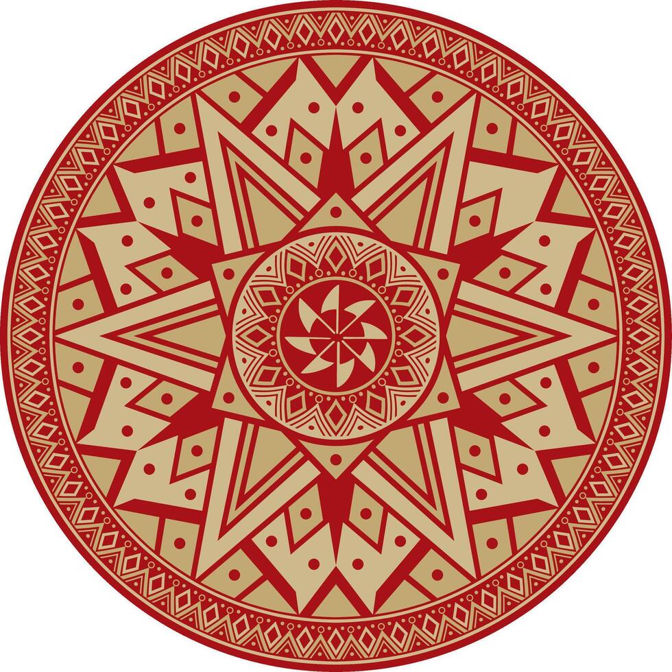 Native American round gold with red pattern. Geometric shapes in a circle. National ornament vector
