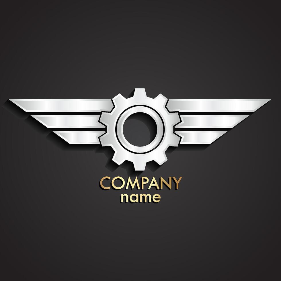 3d winged gear silver logo vector