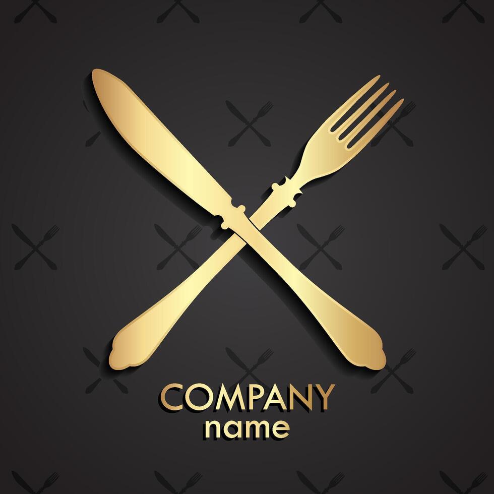 3d crossed fork and knife gold logo food theme symbol vector