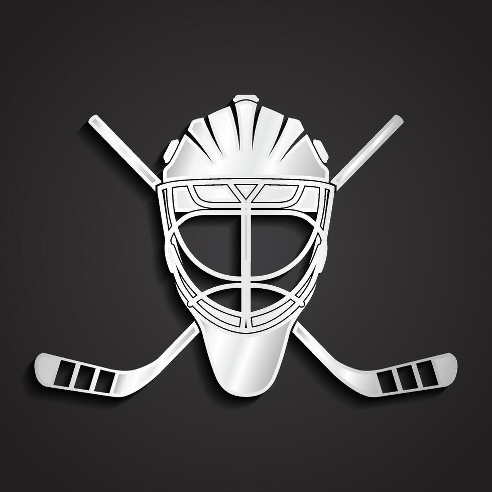 3d silver shiny metal hockey helmet with crossed hockey sticks symbol vector