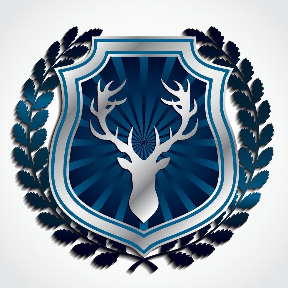 3d hunting theme symbol blue metal laurel wreath shield and antlers vector